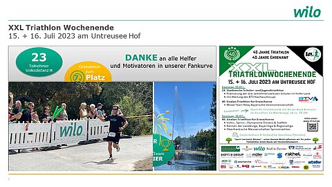 Ein Teilnehmer läuft beim XXL Triathlon Wochenende am Untreusee Hof. Im Hintergrund stehen Zuschauer, die jubeln. Auf der rechten Seite sind Informationen zum Event, einschließlich Datum, Platzierungen und Dank an die Helfer.
