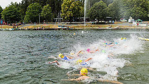 Eine Gruppe von Schwimmern mit bunten Badekappen schwimmt im See. Spritzer und Wellen entstehen durch die Bewegung. Im Hintergrund sind Bäume und eine Uferlandschaft sichtbar, mit einigen Menschen und Einrichtungen am Strand.