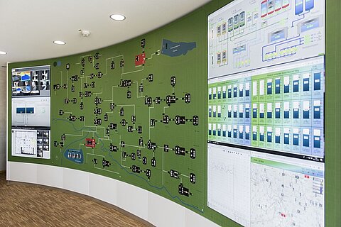 Eine kurvenförmige Wand mit Bildschirmen und grafischen Darstellungen. Verschiedene Diagramme und Datenvisualisierungen zeigen Netzwerke, Prozesse und Steuerungen. Die Wand ist in grüner Farbe gehalten und enthält Symbole sowie Verbindungen zwischen den dargestellten Elementen.