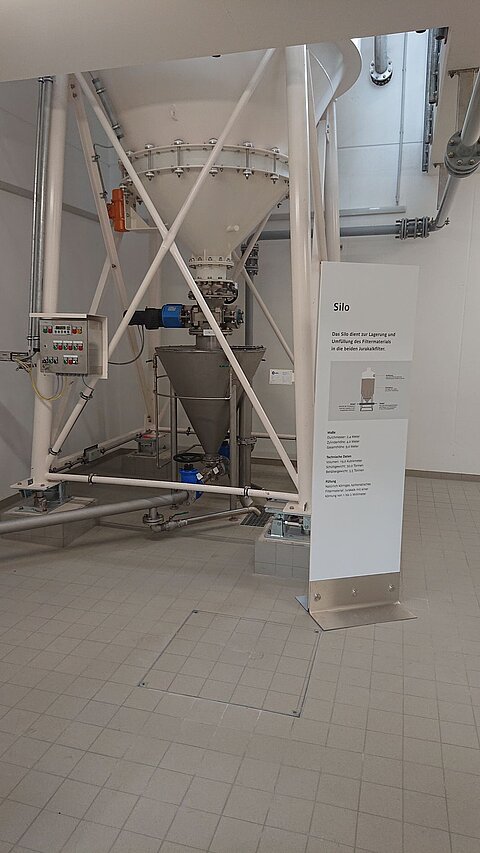 Ein moderner Silotank aus Metall steht auf einem Fliesenboden. Der Silotank ist weiß und hat einen Trichter an der Unterseite. Neben dem Silotank befindet sich ein Informationsschild mit dem Titel "Silo".