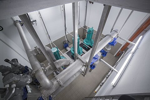Eine Luftaufnahme eines technischen Raums mit großen Rohren und Pumpen. Im Raum sind mehrere grüne und blaue Pumpen installiert, die auf einem gefliesten Boden stehen. Der Raum hat weiße Wände und eine helle Beleuchtung.