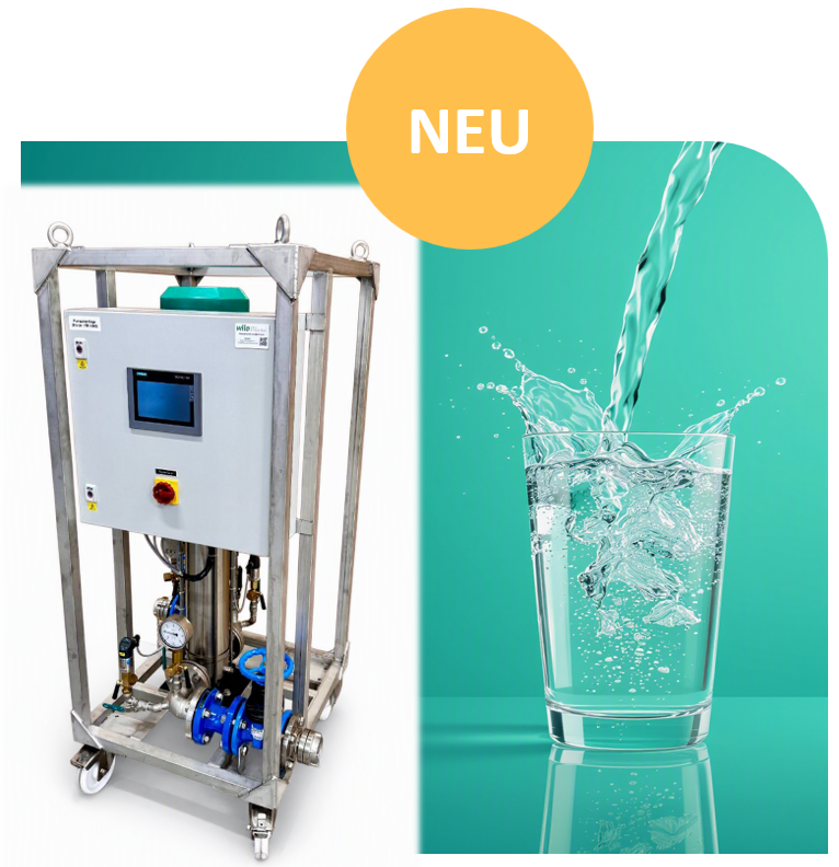 Ein Wasseraufbereitungssystem auf der linken Seite in einem Metallrahmen mit Steuerungseinheit. Rechts ein Glas mit klarem Wasser, aus dem ein Wassertropfen fließt. Oben rechts befindet sich der Text "NEU".