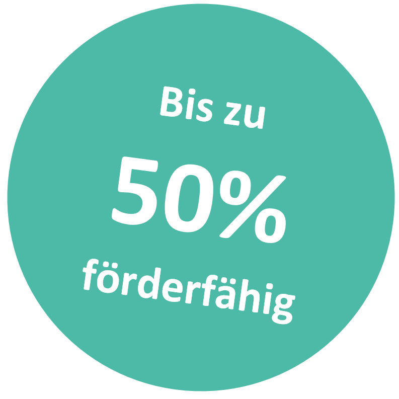 Runder, grün-blauer Hintergrund mit weißen Schriftzug: "Bis zu 50% förderfähig".