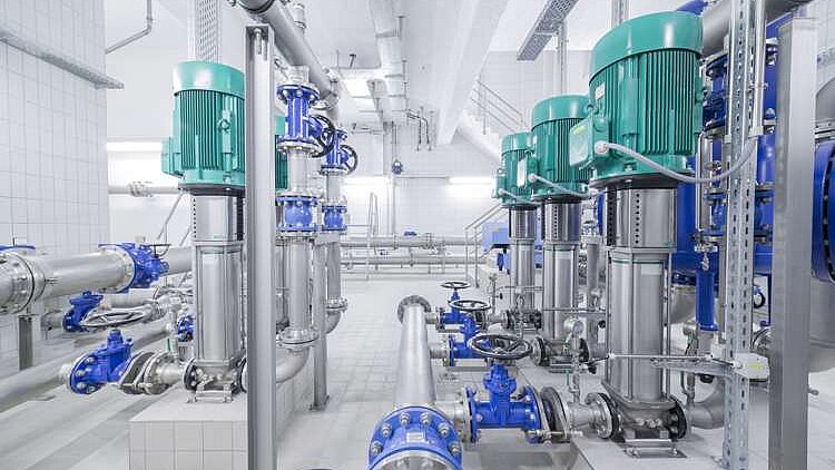 Ein industrieller Raum mit mehreren Pumpen, die grüne Motoren haben. Es gibt Edelstahlrohre und Ventile, die durch einen sauberen, weißen Raum angeordnet sind. Die Umgebung wirkt modern und gut gepflegt, geeignet für technische Anwendungen.