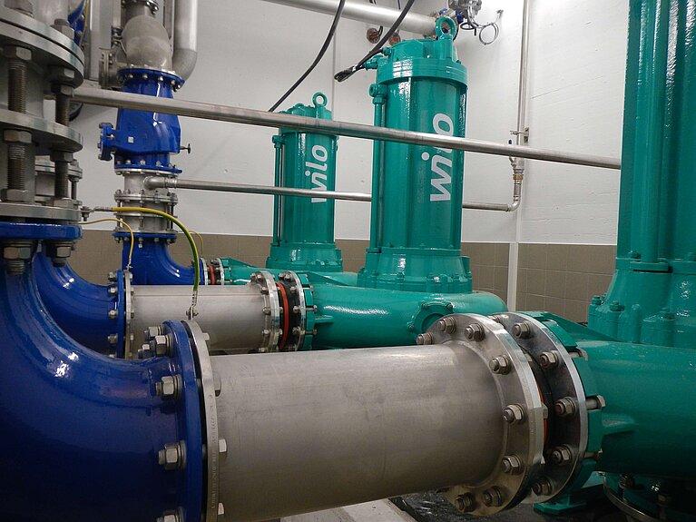Das Bild zeigt eine industrielle Pumpenanlage mit mehreren grünen Pumpen und blauen Rohren. Die Rohre sind aus Metall und verfügen über Flansche, die mit Schrauben befestigt sind. Die Wand im Hintergrund ist hell und teilweise gefliest.