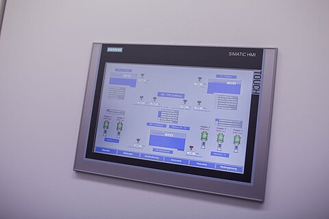 Ein berührungsempfindlicher Bildschirm eines Siemens SIMATIC HMI-Geräts, der eine schematische Darstellung von Prozessen zeigt. Die Benutzeroberfläche enthält verschiedene Menüs und Symbole zur Bedienung und Überwachung von Anlagen.