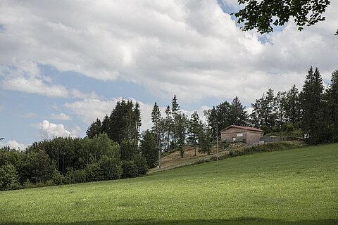Eine grüne Wiese erstreckt sich im Vordergrund, während im Hintergrund ein bewaldeter Hang und ein einzelnes Haus sichtbar sind. Der Himmel ist leicht bewölkt, was eine ruhige, ländliche Szenerie vermittelt.